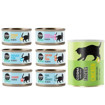 Kombi-Paket: Cosma Nature 24 x 70 g + 2 x Snackies Maxi Tube - 24 x Mix 1 (6 Sorten) + 2 x 160 g Snackies Hühnchen