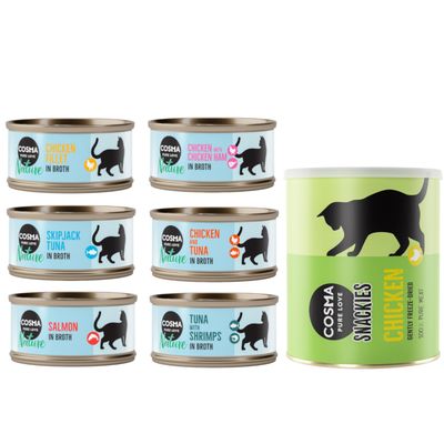 Kombi-Paket: Cosma Nature 24 x 70 g + 2 x Snackies Maxi Tube 24 x Mix 1 (6 Sorten) + 2 x 160 g Snackies Hühnchen