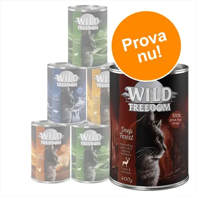 Flera burkar Wild Freedom kattmat, synliga sorter inkluderar Deep Forest, Green Lands, Cold River, Golden Valley och White Country. Orange cirkel med texten: Prova nu!
