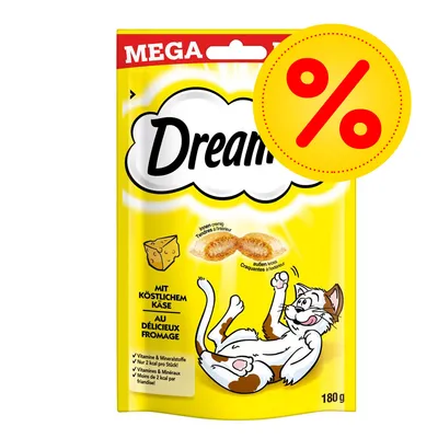 Dreamies MEGA kattgodis med ost, 180 g. Text: 'Mit köstlichem Käse', 'Vitamine & Mineralstoffe', 'Nur 2 kcal pro Stück'. Gul förpackning med röd procent-symbol. Dreamies MEGA kattgodis med ost, 180 g. Text: 'Mit köstlichem Käse', 'Vitamine & Mineralstoffe', 'Nur 2 kcal pro Stück'. Gul förpackning med röd procent-symbol.