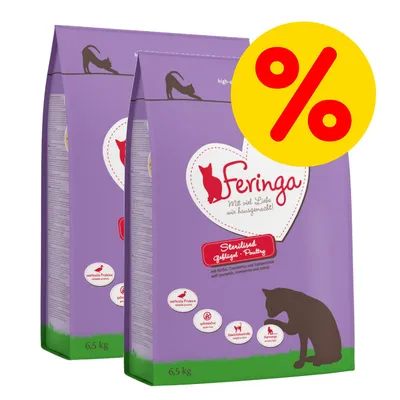 Feringa Sterilised Geflügel Katzenfutter, 6,5 kg, mit Kürbis, Cranberries und Katzengras. Angebot mit Prozentzeichen.