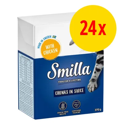 Smilla Chunks in Sauce, 370 g, med kyckling. Text: Made in Sweden, with chicken, grain-free recipe, contains taurine. Stor gul cirkel med röd text: 24x.