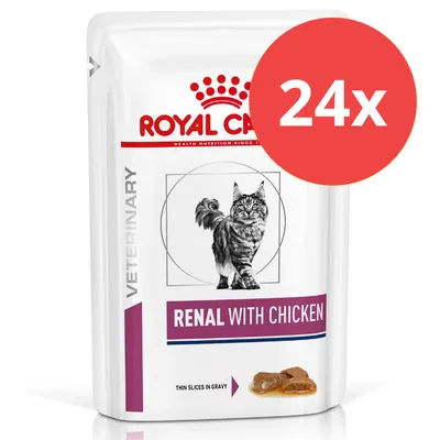 Royal Canin Veterinary Renal mit Huhn, dünne Scheiben in Soße, Packung mit 24 Stück.