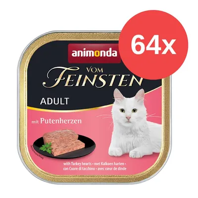 Animonda Vom Feinsten Adult mit Putenherzen, 64x Portionsschalen. Abgebildet: weisse Katze und Produktabbildung auf rosa Hintergrund.