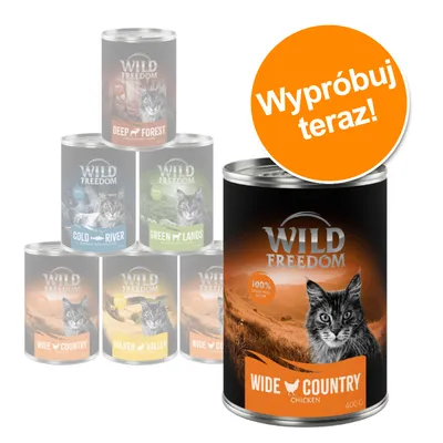 Wild Freedom Wide Country Chicken 400 g, puszka karmy dla kota na pierwszym planie, inne warianty w tle. Pomarańczowe koło z napisem: Wypróbuj teraz!