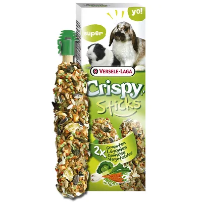 Versele-Laga Crispy Sticks, 2x vihannes, välipala pieneläimille. Pakkauksessa kani ja marsu, tekstit 'super' ja 'yo!'.