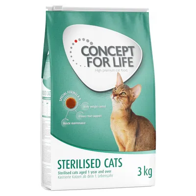 Concept for Life Sterilised Cats, droogvoer voor gesteriliseerde katten vanaf 1 jaar, 3 kg verpakking. Met speciale formule: gewichtscontrole, ondersteuning van de urinewegen, spieronderhoud.