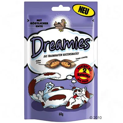 Dreamies snacks pour chats, 60 g, saveur canard. Texte visible : moins de 2 calories par pièce, NEU, MIT KÖSTLICHER ENTE. Illustration de deux snacks et d’un chat.