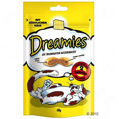 Dreamies friandises pour chats au délicieux fromage, croquantes à l'extérieur et crémeuses à l'intérieur. Moins de 2 calories par pièce. Format : 60g. Dreamies friandises pour chats au délicieux fromage, croquantes à l'extérieur et crémeuses à l'intérieur. Moins de 2 calories par pièce. Format : 60g.