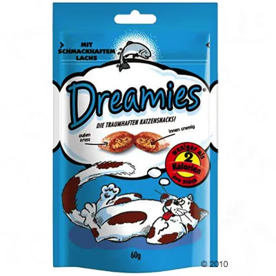 Sachet Dreamies 60g, texte en allemand : mit schmackhaftem Lachs, weniger als 2 Kalorien pro Stück, illustration de croquettes et d’un chat dessiné. Sachet Dreamies 60g, texte en allemand : mit schmackhaftem Lachs, weniger als 2 Kalorien pro Stück, illustration de croquettes et d’un chat dessiné.