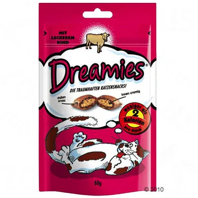 Sachet Dreamies 60g, snacks pour chats au bœuf. Texte visible en allemand : moins de 2 calories par pièce, außen kross, innen cremig. Illustration d’un chat allongé. Sachet Dreamies 60g, snacks pour chats au bœuf. Texte visible en allemand : moins de 2 calories par pièce, außen kross, innen cremig. Illustration d’un chat allongé.