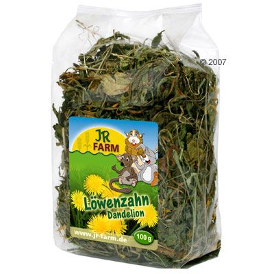 Sachet transparent de pissenlit séché JR Farm, texte visible : Löwenzahn Dandelion, 100 g, www.jr-farm.de, illustrations d’animaux sur l’étiquette.