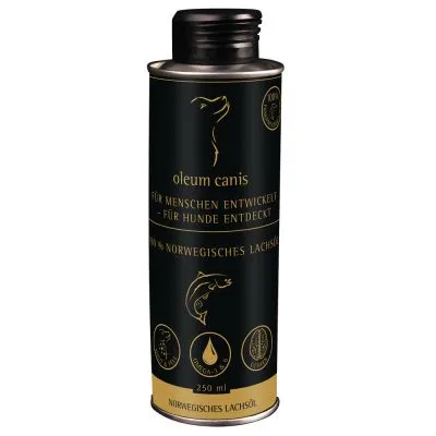 Flacone da 250 ml con etichetta nera e oro, testo visibile: oleum canis, FÜR MENSCHEN ENTWICKELT – FÜR HUNDE ENTDECKT, 100 % NORWEGISCHES LACHSÖL, OMEGA-3, NORWEGISCHES LACHSÖL.