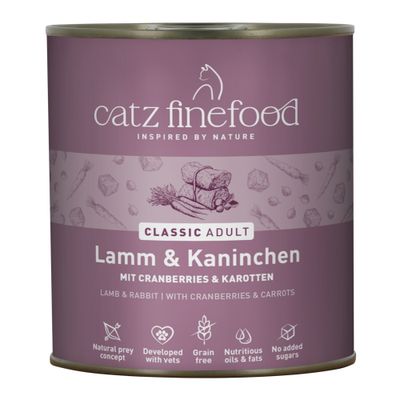 Catz Finefood Classic Nr. 3, Geflügel. Natürlich gut, ohne Zuckerzusatz, getreidefrei, keine Tierversuche. 95% Fleischanteil. Zutaten und Analysewerte auf der Verpackung sichtbar.