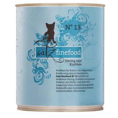 Κονσέρβα catz finefood N° 13. Ορατό κείμενο στα γερμανικά: Hering und Krabben. Συσκευασία με μπλε φόντο και σιλουέτα γάτας.