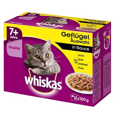 Whiskas Geflügel Auswahl in Sauce, za mačke stare 7+ let, 12 x 100 g. Okusi: piščanec, raca, perutnina, puran. Besedilo na embalaži v nemščini.