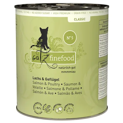Catz Finefood Classic No. 5, salmon & poultry, no added sugar, grain-free, no animal testing, 96% meat content, natural ingredients.