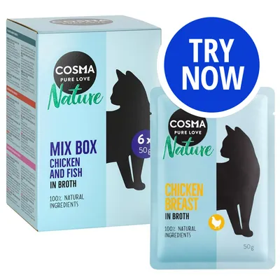 Cosma Nature Mix Box, chicken and fish in broth, 6 x 50g, 100% natural ingredients. Includes chicken breast in broth pouch. Blue circle with 'Try Now' text.