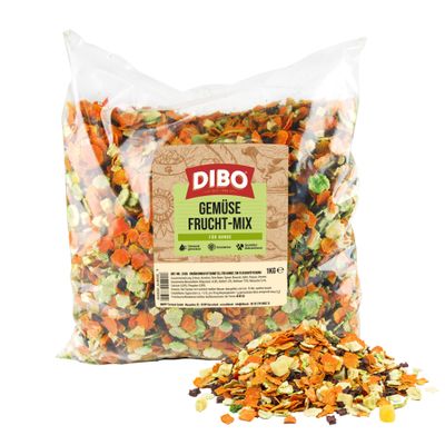 DIBO Vegetable Fruit Mix for Dogs, 1 kg pouch, dried vegetable pieces. Notes: gently dried, lactose-free, controlled natural products.