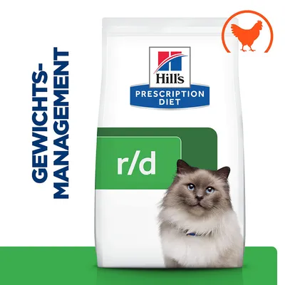 Hill's Prescription Diet r/d Gewichtsmanagement für Katzen, mit Huhn. Verpackung zeigt eine Katze und ein Hühnersymbol.