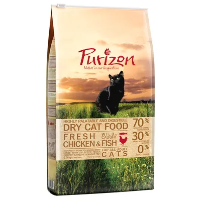 Purizon dry food for cats. 70% selected animal ingredients, 30% fruit and herbs, 0% added grain. Fresh chicken and fish. For all adult cats.