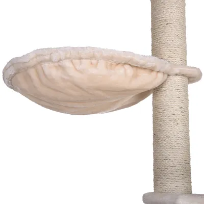 Amaca rotonda in tessuto beige fissata a un tiragraffi rivestito di corda, parte di struttura per gatti visibile.