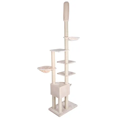 Tiragraffi beige a più livelli con colonne in sisal, due amache rotonde, quattro piattaforme quadrate e una cuccia cubica alla base.