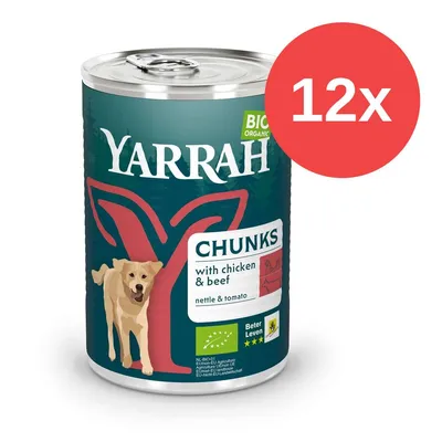 Yarrah Bio Chunks mit Huhn und Rind, Brennnessel und Tomate. EU-Bio-Siegel, Beter Leven 3 Sterne. Packung enthält 12 Dosen.