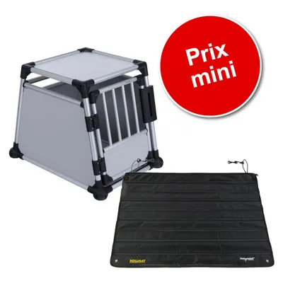 Cage de transport en métal et plastique avec grille, tapis noir ROLLIMAT à côté, pastille rouge avec texte 'Prix mini' en haut à droite.