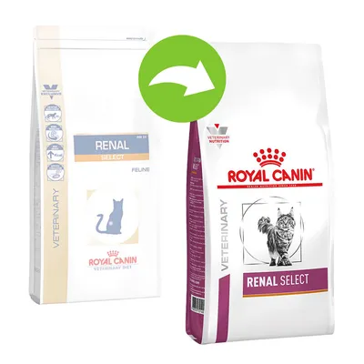 Dva pakiranja hrane za mačke Royal Canin Renal Select, staro i novo dizajn, s vidljivim nazivom proizvoda i brenda te zelenom strelicom koja pokazuje promjenu ambalaže.