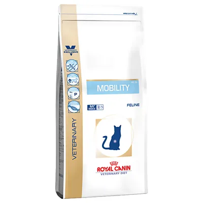 Royal Canin Veterinary Diet Mobility Feline, SO Index, erityisesti kissoille. Pakkaus, jossa nivelterveyden ja fosforipitoisuuden symbolit.