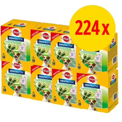 Pedigree DentaStix, 8 pakker med 28 stk. hver, samlet 224 stk. Synlig tekst: DENTASTIX, TÄGLICHE FRISCHE FRESH AU QUOTIDIEN, 224x, Pedigree. Billede af hund på emballagen.