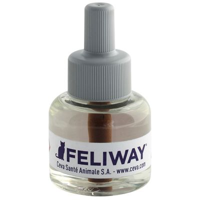 Flacon avec étiquette FELIWAY, Ceva Santé Animale S.A. – www.ceva.com, bouchon gris, liquide transparent visible dans le récipient en verre.
