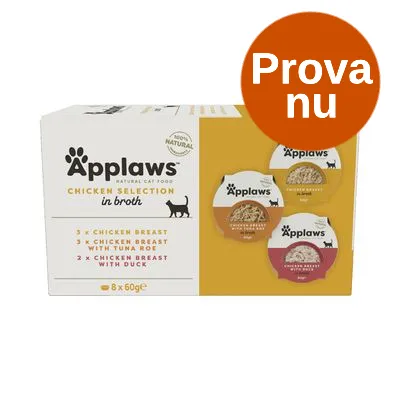 Applaws Chicken Selection in broth, 8 x 60 g. 3 x Chicken Breast, 3 x Chicken Breast with Tuna Roe, 2 x Chicken Breast with Duck. Text: Prova nu.