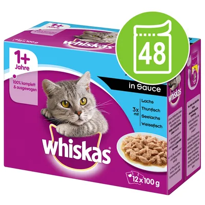 Whiskas hrană umedă pentru pisici adulte, 48 plicuri a câte 100 g, sortimente: somon, ton, cod, pește alb. Text vizibil: 1+ Jahre, 100% komplett & ausgewogen, in Sauce. Whiskas hrană umedă pentru pisici adulte, 48 plicuri a câte 100 g, sortimente: somon, ton, cod, pește alb. Text vizibil: 1+ Jahre, 100% komplett & ausgewogen, in Sauce.