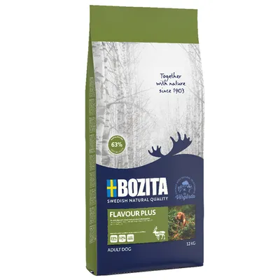 BOZITA Flavour Plus Adult Dog, 12 kg. Tekst: Swedish Natural Quality, 63%, 23% eiwit, 12% vet, graanvrij. Afbeelding van hond in bos. Slogan: Together with nature since 1903. BOZITA Flavour Plus Adult Dog, 12 kg. Tekst: Swedish Natural Quality, 63%, 23% eiwit, 12% vet, graanvrij. Afbeelding van hond in bos. Slogan: Together with nature since 1903.