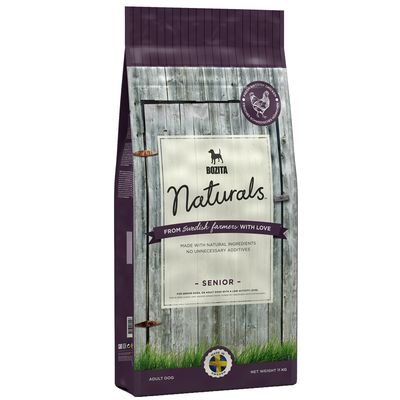 Bozita Naturals Senior, made with natural ingredients, no unnecessary additives, from Swedish farmers with love, adult dog, net weight 11 kg, Made in Sweden-mærke synligt på posen.