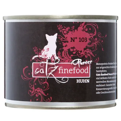Lata de comida para gatos com o texto visível: catz finefood, N° 103, HUHN, Purrrr. Rótulo preto e vermelho com silhueta de gato. Restante texto em alemão parcialmente legível.