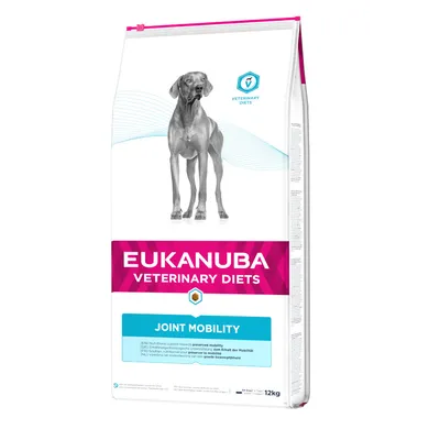 Sac de croquettes Eukanuba Veterinary Diets Joint Mobility pour chien, texte visible : Joint Mobility, 12 kg. Image d’un chien sur l’emballage.