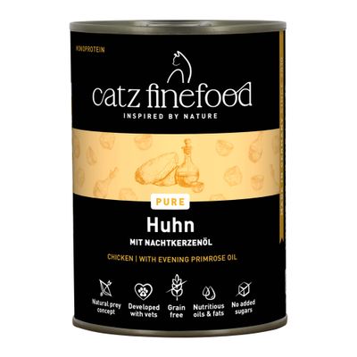Boîte catz finefood N°117, Pute (dinde), naturellement bon, sans céréales, monoprotein, high premium, sans tests sur animaux, 98 % viande et bouillon, sans sucre ajouté. Texte en allemand/anglais.