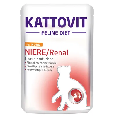 Kattovit Feline Diet NIERE/Renal mit Huhn. Niereninsuffizienz, Phosphorgehalt reduziert, Eiweißgehalt reduziert, hochwertige Proteine. Tekst deels in het Duits.