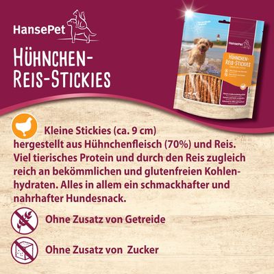 HansePet Hühnchen-Reis-Stickies: Kleine Stickies (ca. 9 cm) aus 70% Hühnchenfleisch und Reis, glutenfrei, ohne Zusatz von Getreide und Zucker. Schmackhafter und nahrhafter Hundesnack.