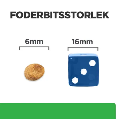 Foderbitsstorlek: foderbit 6 mm bred jämförd med en blå tärning på 16 mm. Texten 'FODERBITSSTORLEK', '6 mm' och '16 mm' syns ovanför objekten.