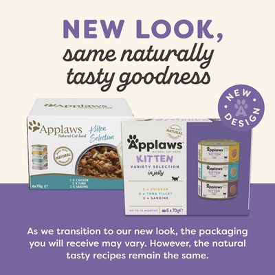 Applaws Kitten Selection, nové a staré balenie konzerv pre mačiatka, 6×70 g: 2× kuracie, 2× tuniak, 2× sardinka. Text: New look, same naturally tasty goodness. New design.