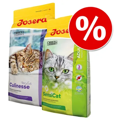 Josera kattefoder, poser med teksten 'Culinesse Mit Lachs' og 'SensiCat', begge med 'Made in Germany'. Rød procent-tegn cirkel indikerer tilbud eller rabat.