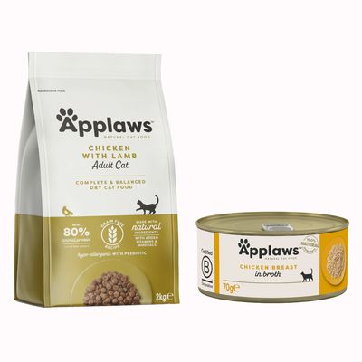 Applaws cibo completo per gatti adulti, sacco 2 kg Chicken with Extra Salmon, grain free, 80% pollo e salmone, 20% verdure. Sei lattine Applaws Tuna Fillet with Prawn. Simbolo percentuale offerta.