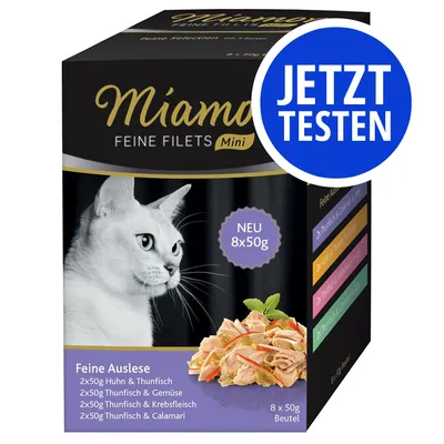 Miamor Feine Filets Mini, Feine Auslese, NEU 8x50g: 2x50g Huhn & Thunfisch, 2x50g Thunfisch & Gemüse, 2x50g Thunfisch & Krebsfleisch, 2x50g Thunfisch & Calamari. Jetzt testen.