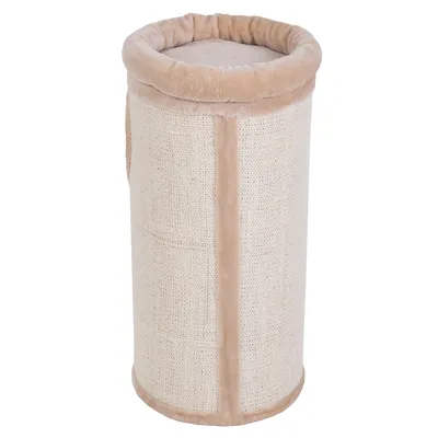 Cylindrisk kradsetønde med beige plys på kanter og top, sider i lyst sisalstof. Ingen synlige mærker eller tekst.