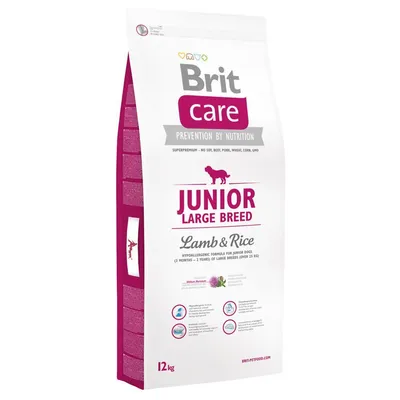 Brit Care Junior Large Breed Lamb & Rice, sacco da 12 kg. Testo visibile: Prevention by Nutrition, superpremium - no soy, beef, pork, wheat, corn, GMO. Immagini e icone illustrative.