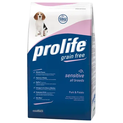 prolife grain free sensitive all breeds, Vitality System Nucleotides, Pork & Potato. Ingredienti: Maiale Fresco, Tapioca e Patate, NuPro, Omega 3 e 6, zinco e biotina, prebiotici F.O.S., Bio-Mos.